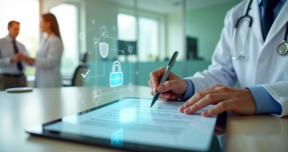 Dentista assinando contrato digital em tablet com símbolo de segurança virtual ao fundo 