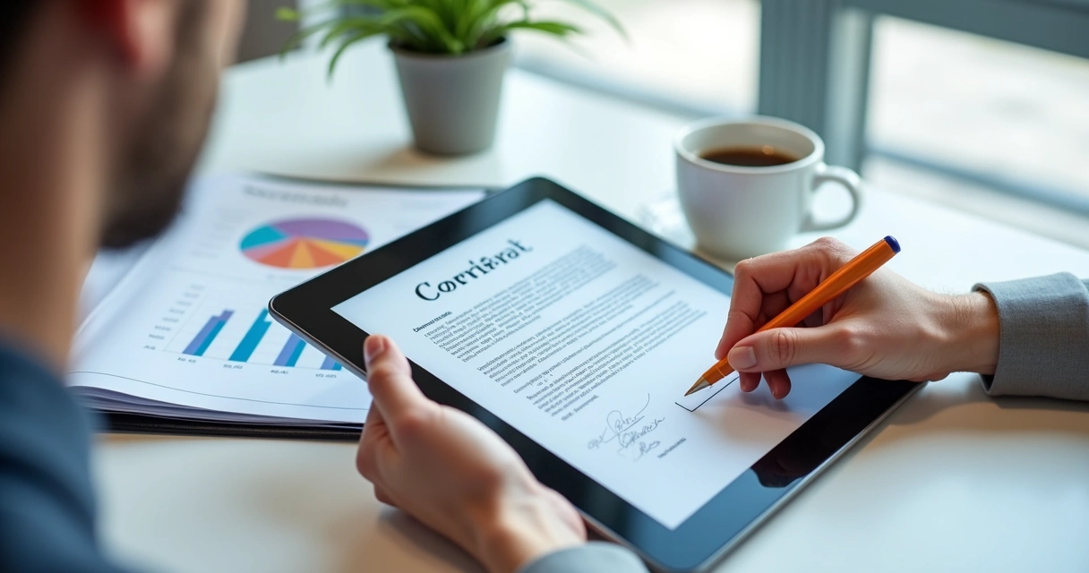 Assinatura eletrônica de contrato de locação em tablet 