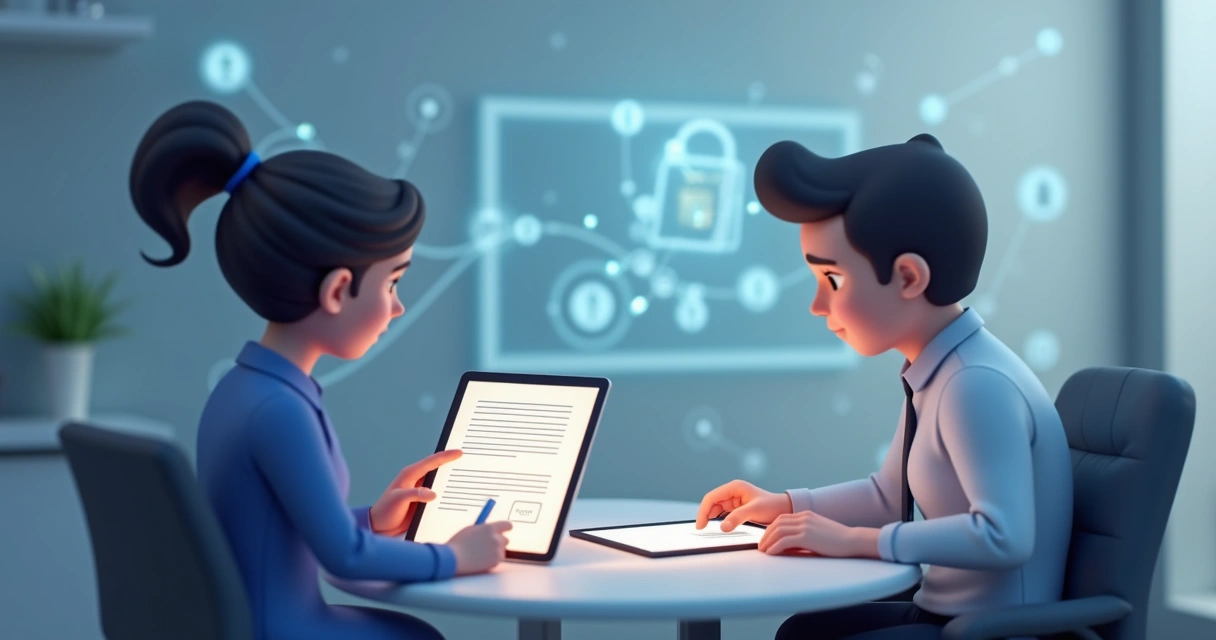 Assinatura digital de contrato sendo realizada em um escritório moderno