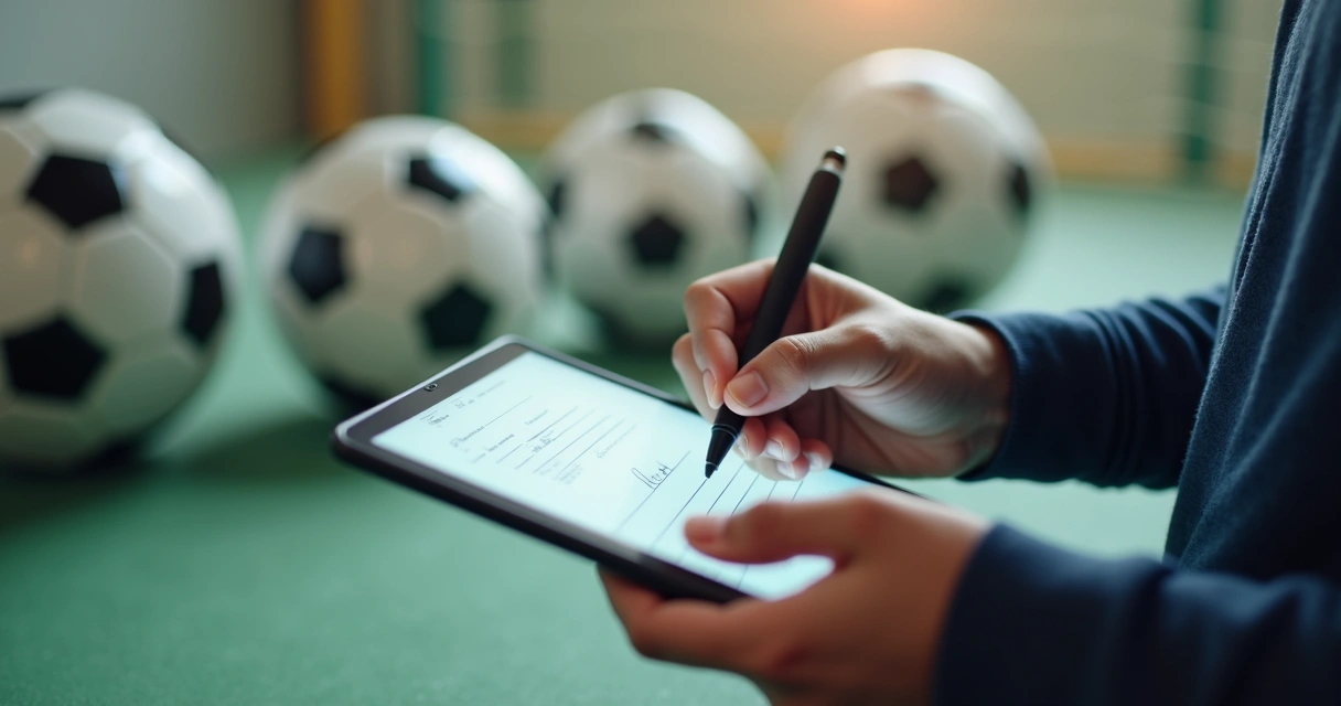Assinatura digital de contrato escolar com futebol ao fundo