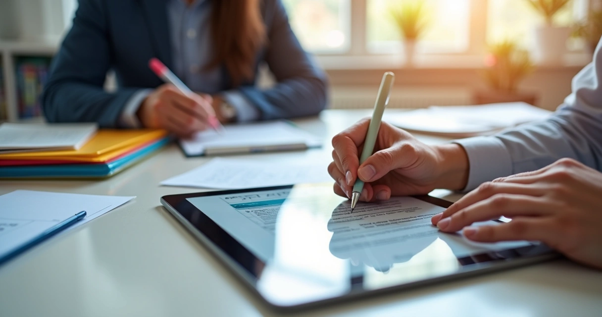 Assinatura digital de contrato escolar em tablet com mãos de gestora e responsável 