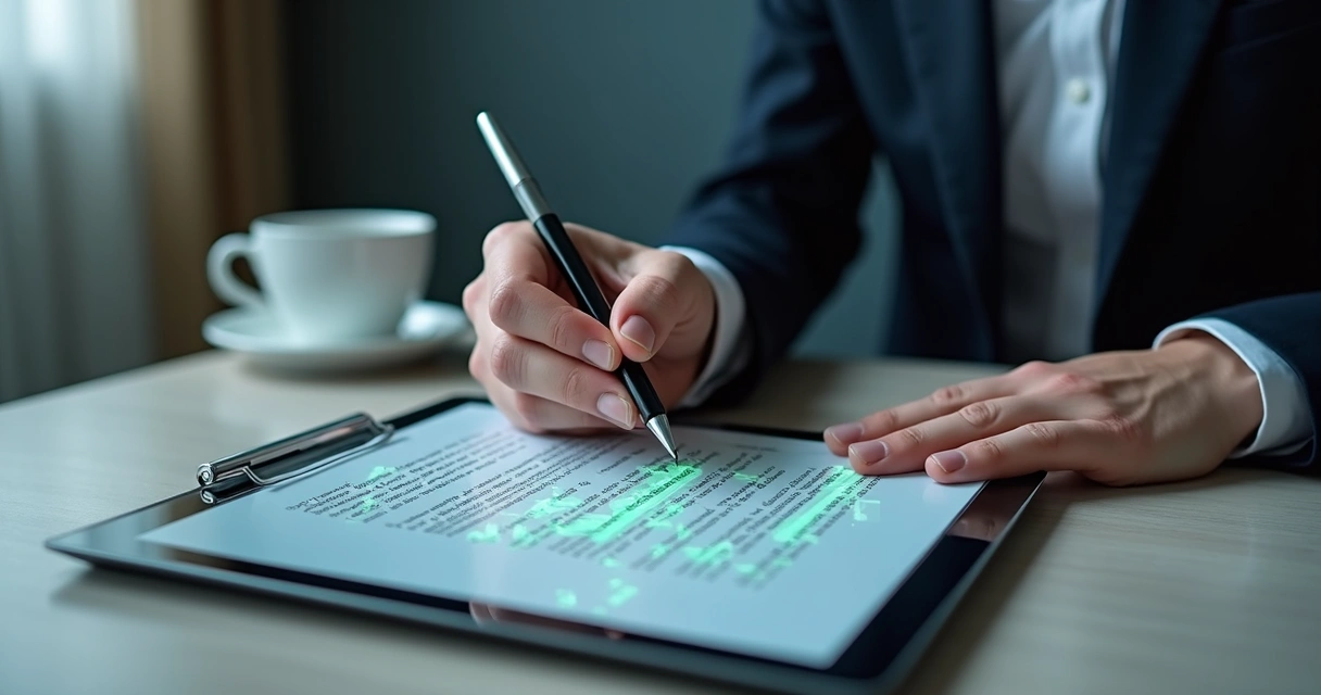 Advogado usando IA para assinar contrato digital em tablet