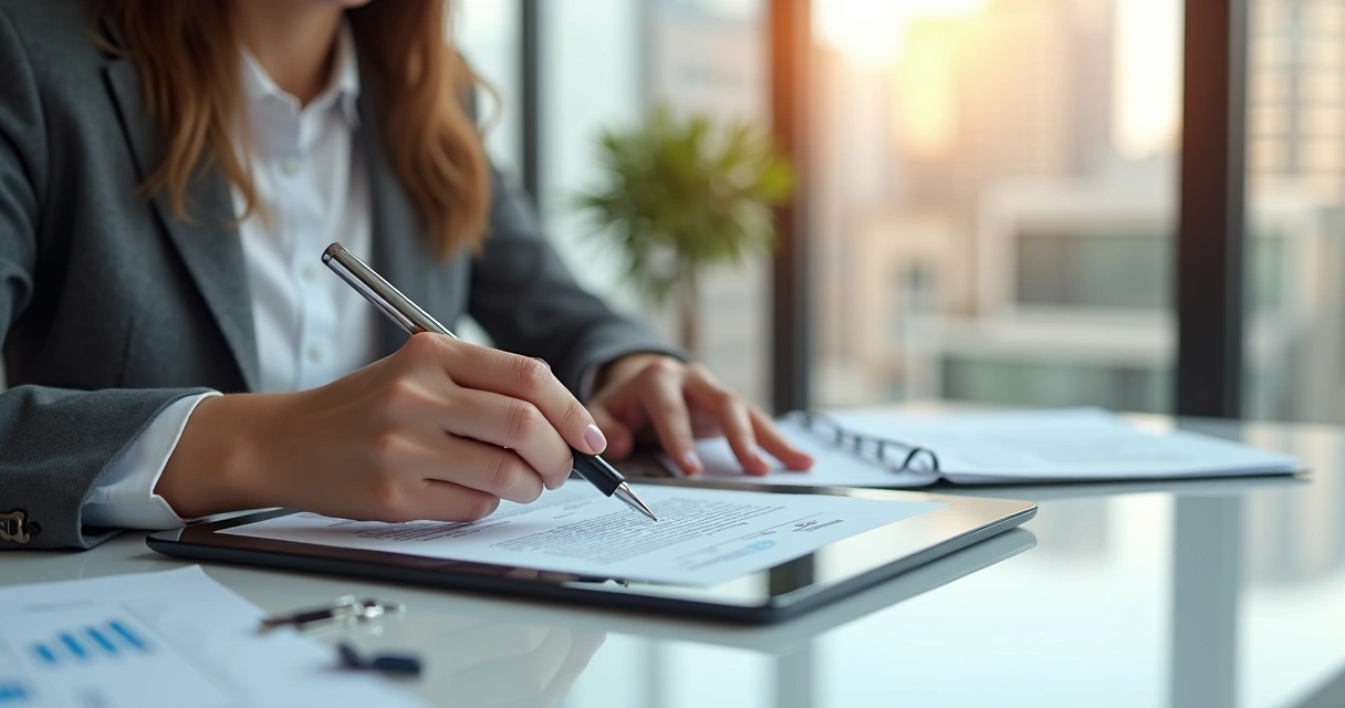 Cliente assinando contrato digital de locação em tablet com IA. 