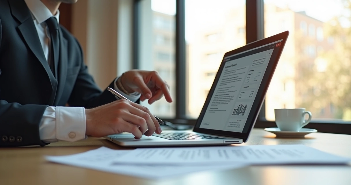 Pessoa assinando contrato digital de imóvel em um notebook, com outra mão apontando para tela 