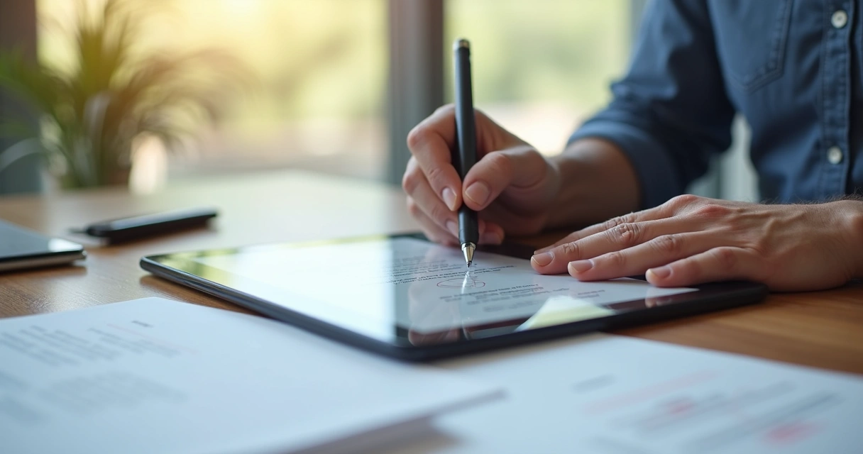 Assinatura digital em tablet por usuário de sistema de locação de imóveis 