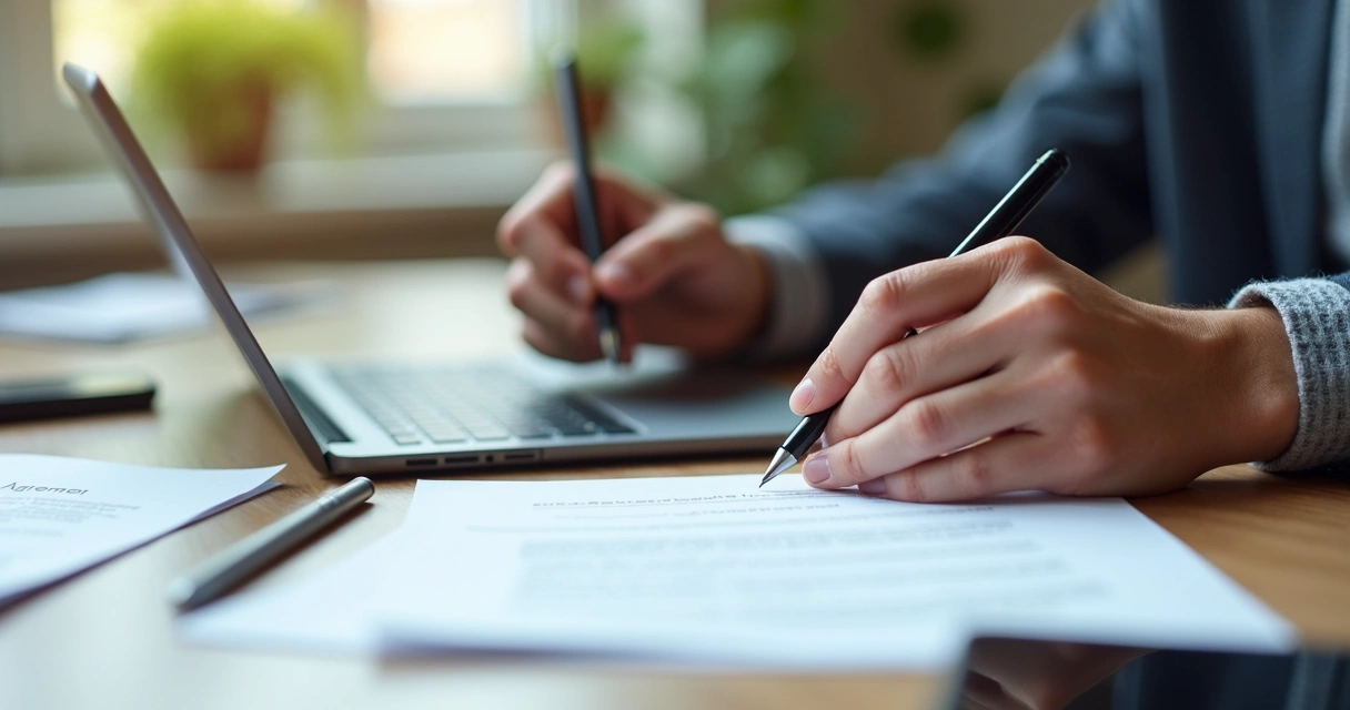 Pessoa assinando contrato de locação em tablet, fundo escritório moderno, canetas e papéis ao lado 