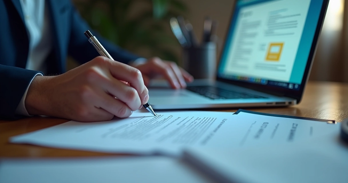 Profissional assinando digitalmente um contrato em notebook 