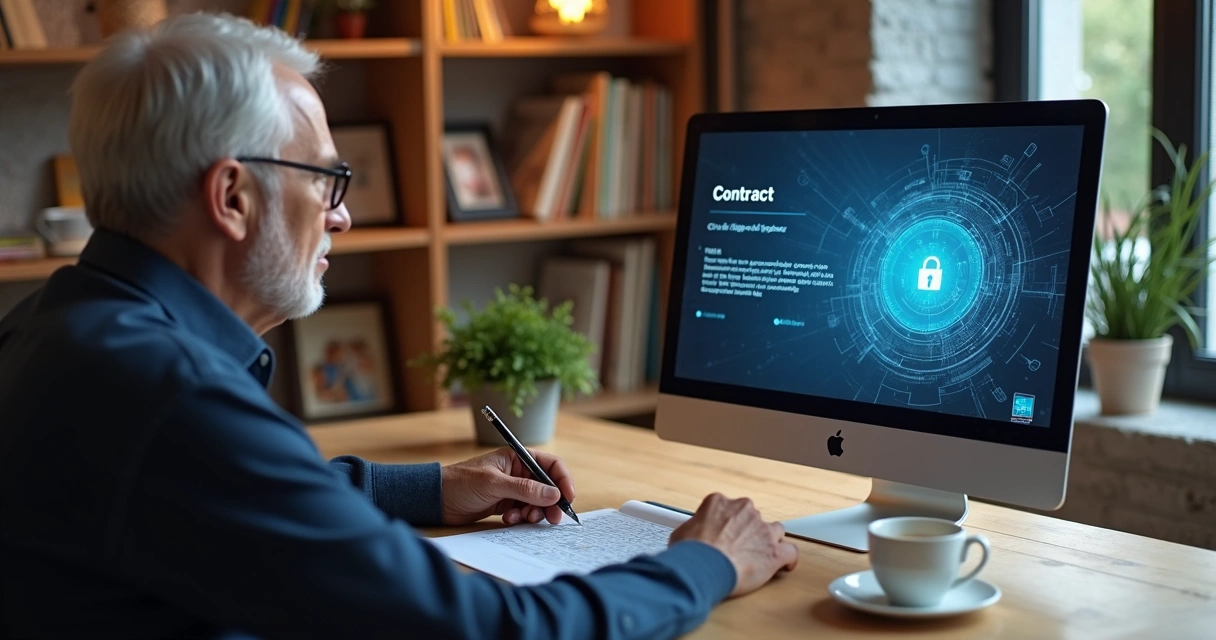 Pessoa idosa utilizando computador para assinar contrato digital com detalhes de segurança digital destacados 