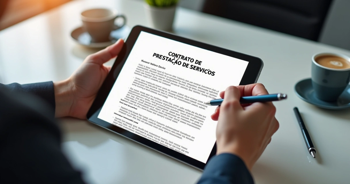 Assinatura digital em tablet de contrato de prestação de serviços 