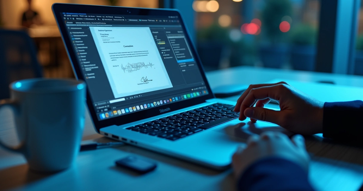 Notebook exibindo assinatura digital de documento empresarial 