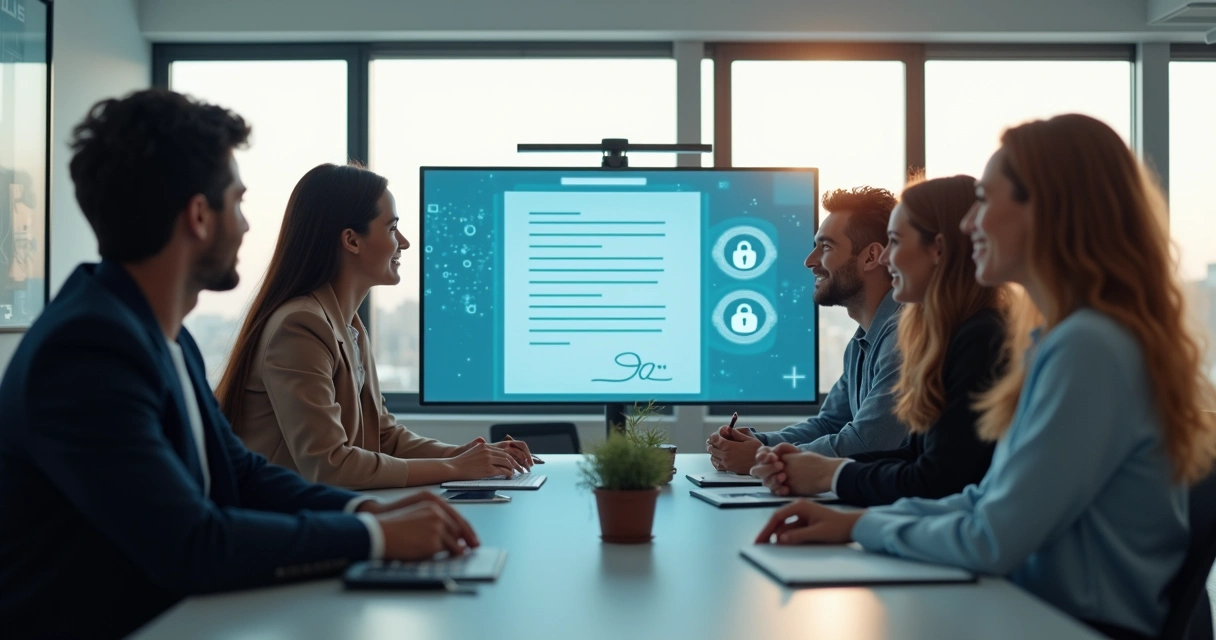 Equipe reunida em torno de tela com assinatura digital e cadeados 