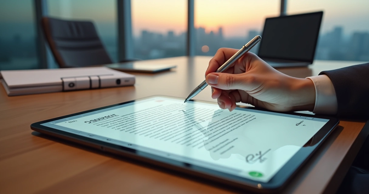 Contrato empresarial sendo assinado digitalmente em tablet com selo de validação jurídica na tela 