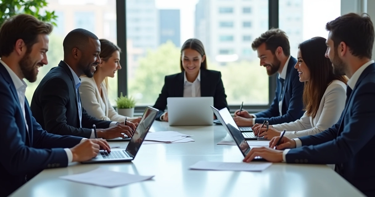Equipe de diferentes áreas de uma empresa assinando digitalmente documentos em laptops e tablets 
