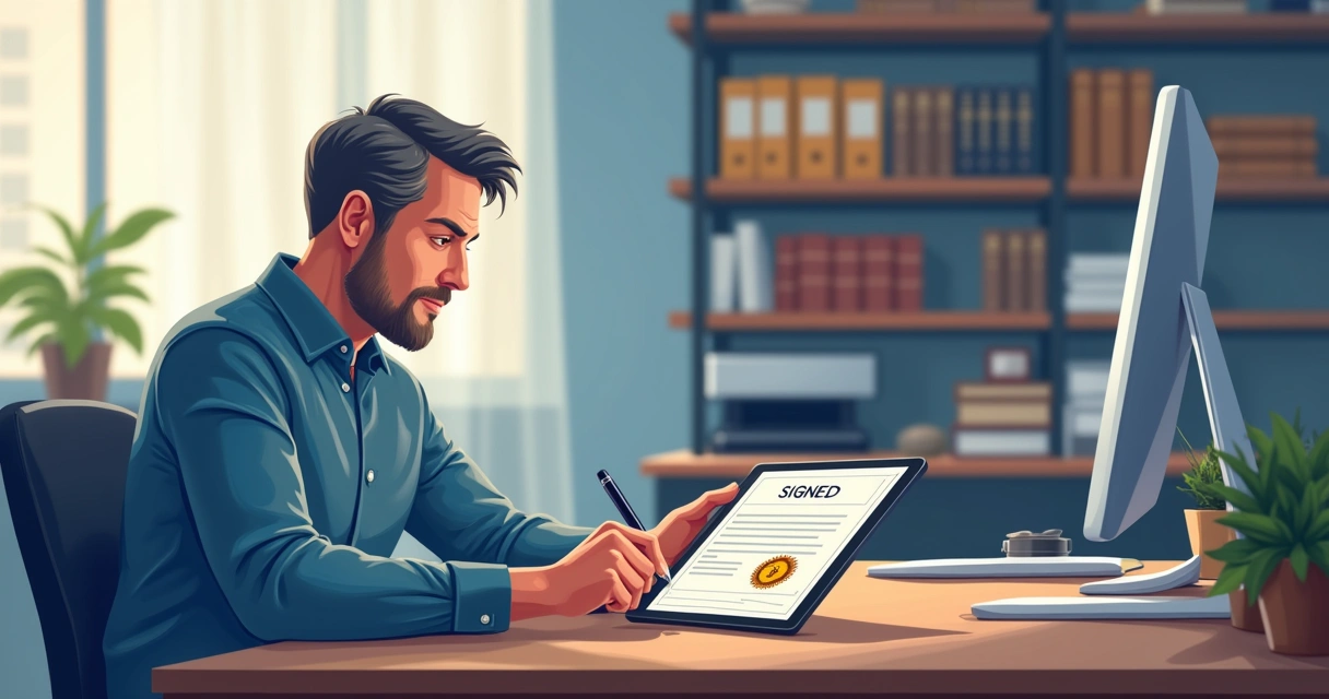 Um profissional assina digitalmente um documento em um tablet, com um ambiente de escritório moderno ao fundo.