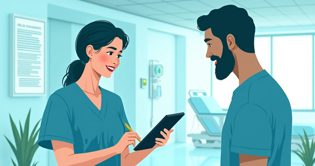 Enfermeiro ajuda paciente a assinar documento digital em tablet em ambiente hospitalar seguro. 