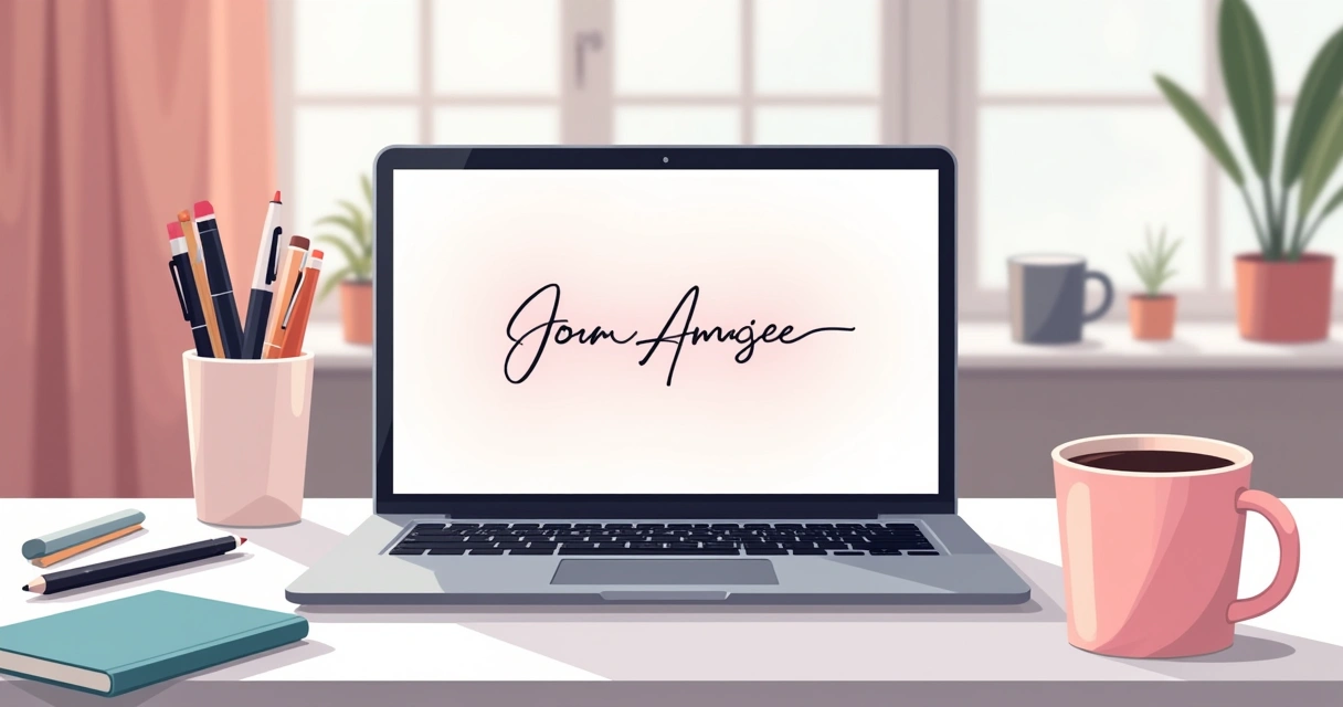 Notebook com tela exibindo assinatura digital com identidade visual feminina ao lado de materiais de escritório 