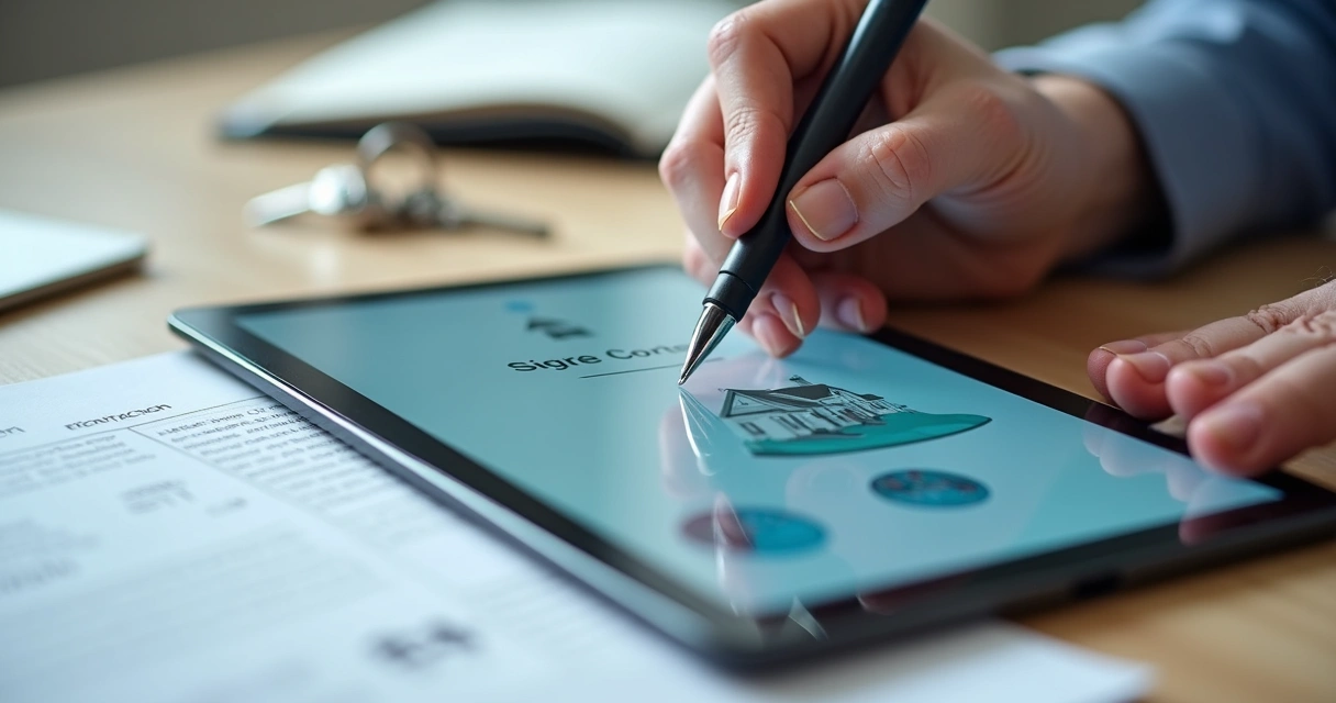 Pessoa assinando contrato digital de imóvel em tablet 