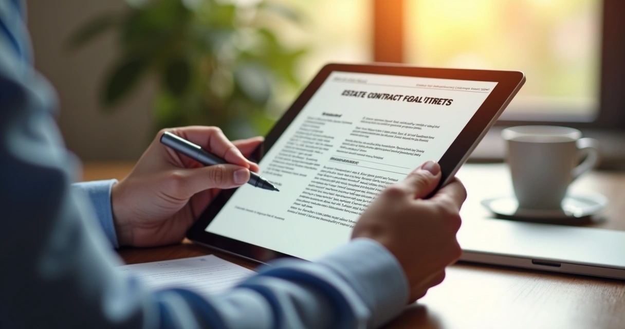 Assinatura digital de contrato imobiliário em tela de tablet