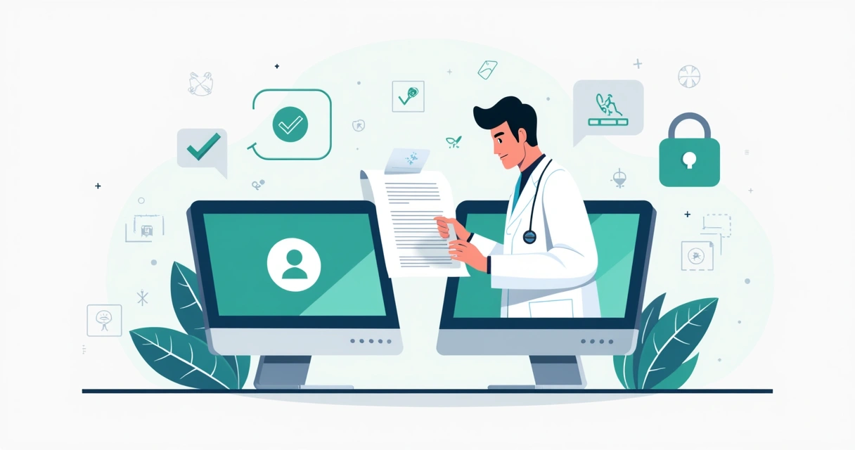 Analista de TI validando laudo médico digital em dois monitores com certificado digital exibido na tela 