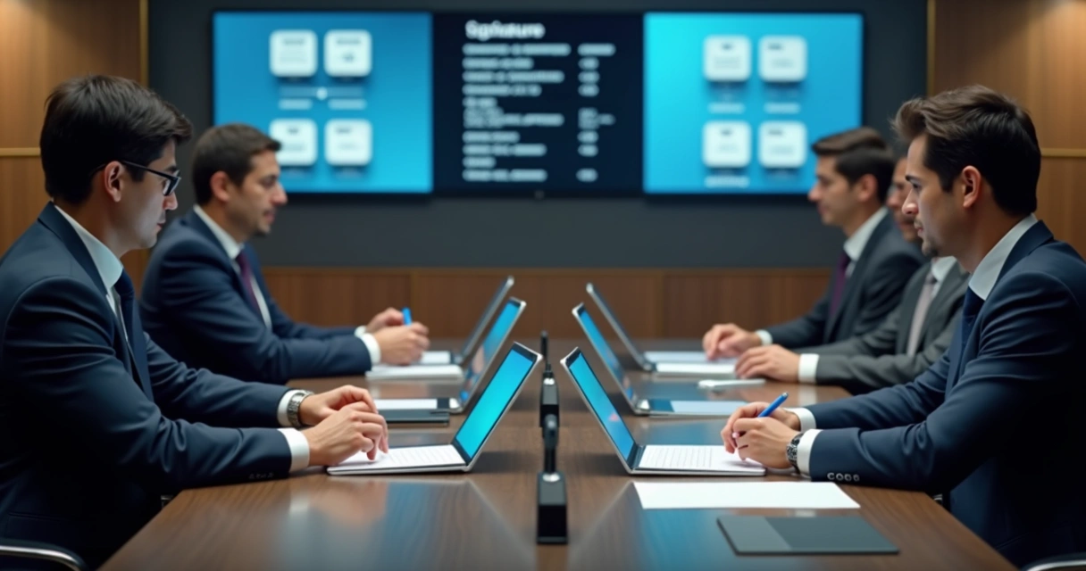 Sala de câmara com vereadores usando tablets para assinar documentos digitais 