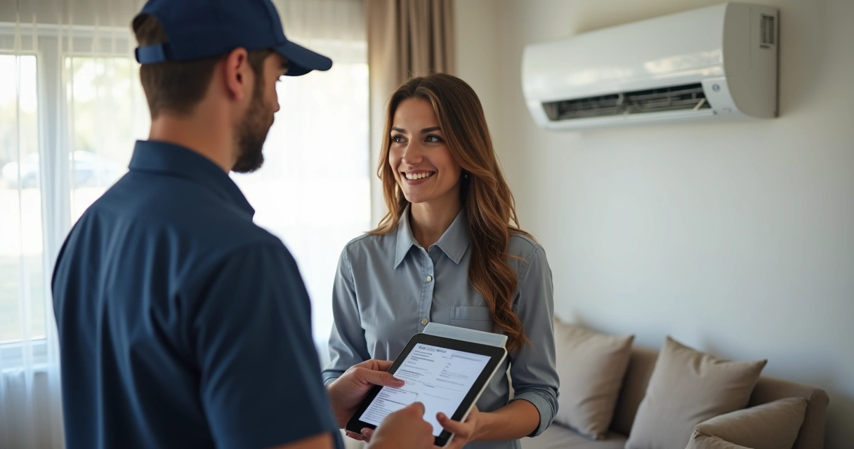 Técnico coletando assinatura digital de cliente após manutenção de ar-condicionado 