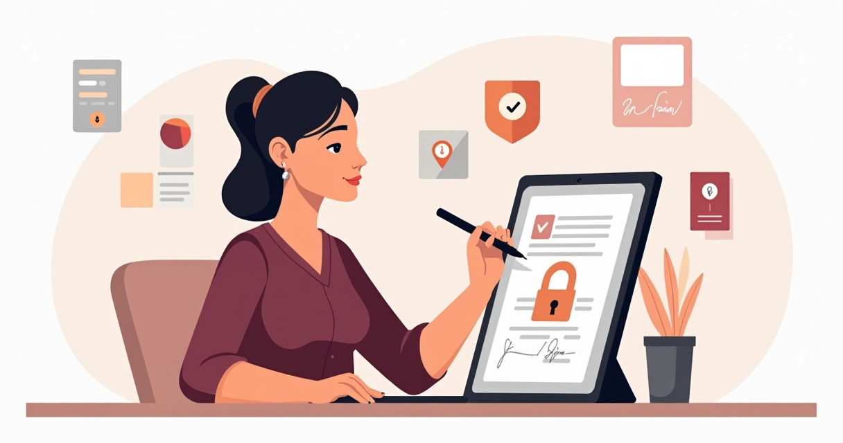 Mulher assinando documento digital com tablet e identidade visual feminina na tela 