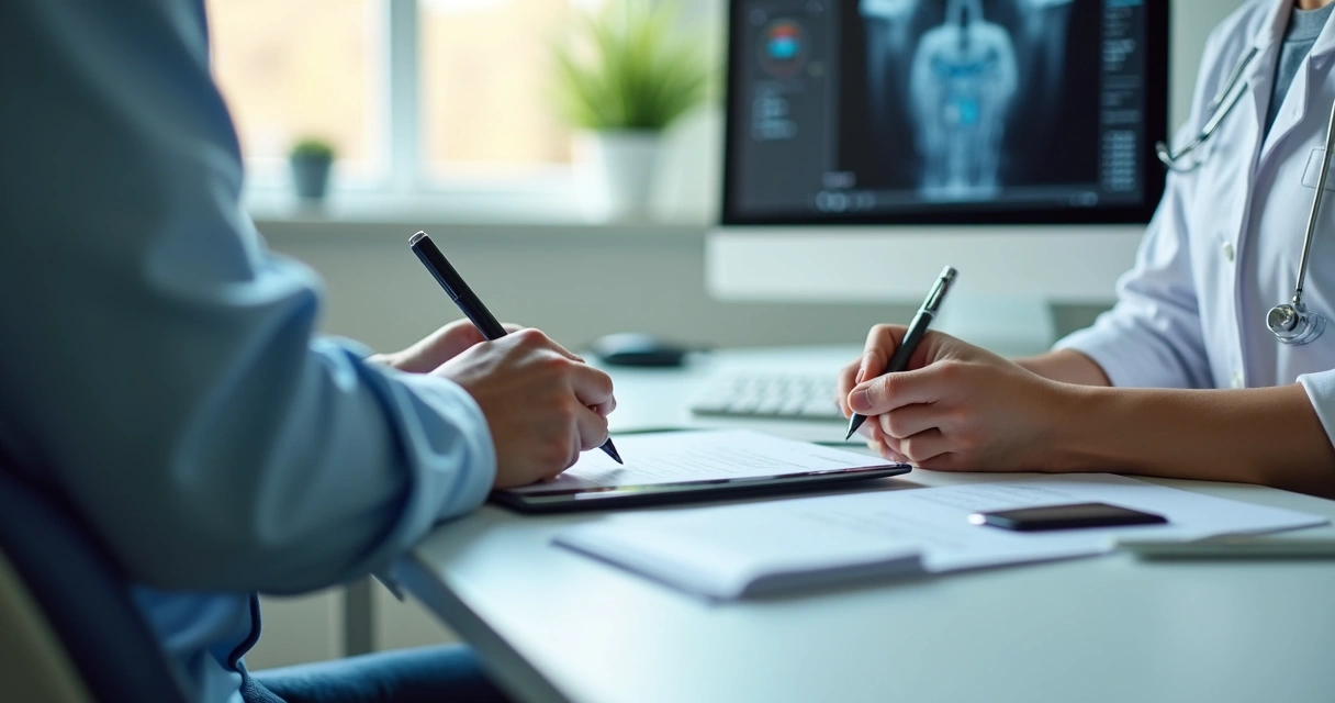 Assinatura digital de documento odontológico em tablet, paciente e profissional juntos na clínica 