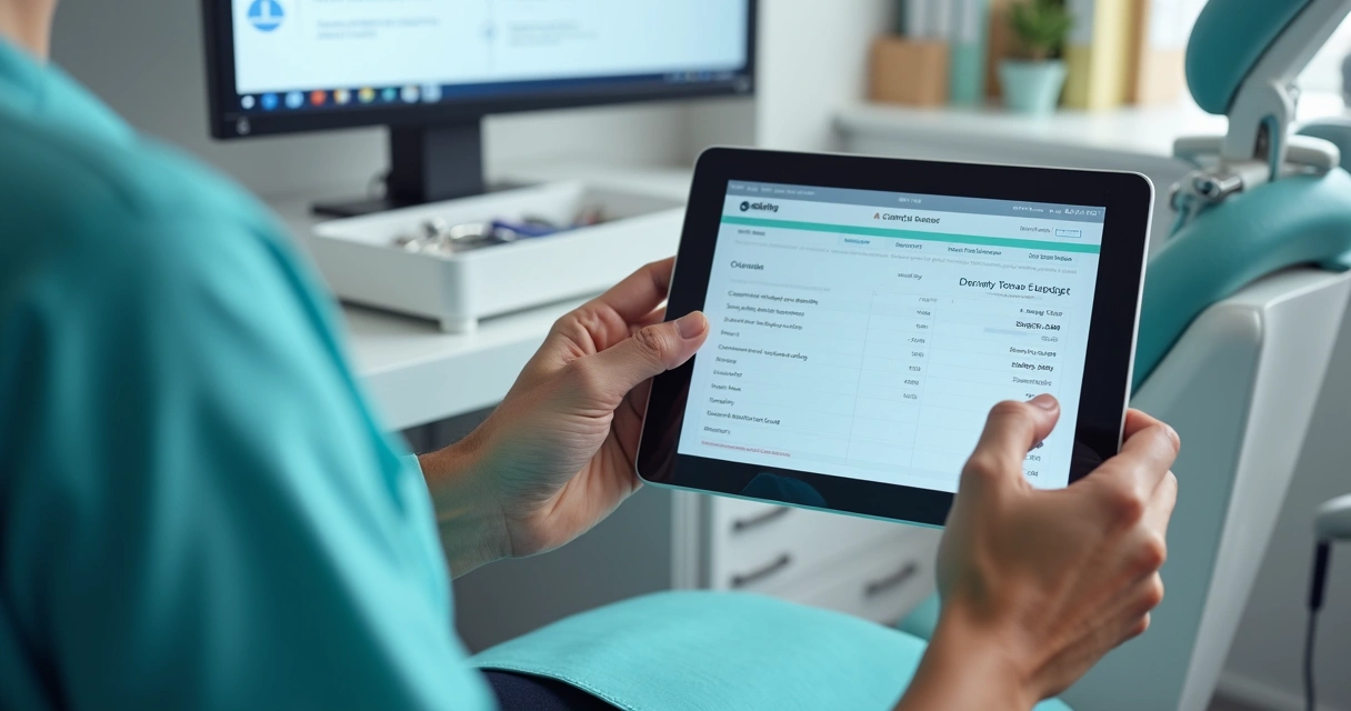 Paciente assinando orçamento odontológico digital com dentista ao lado.