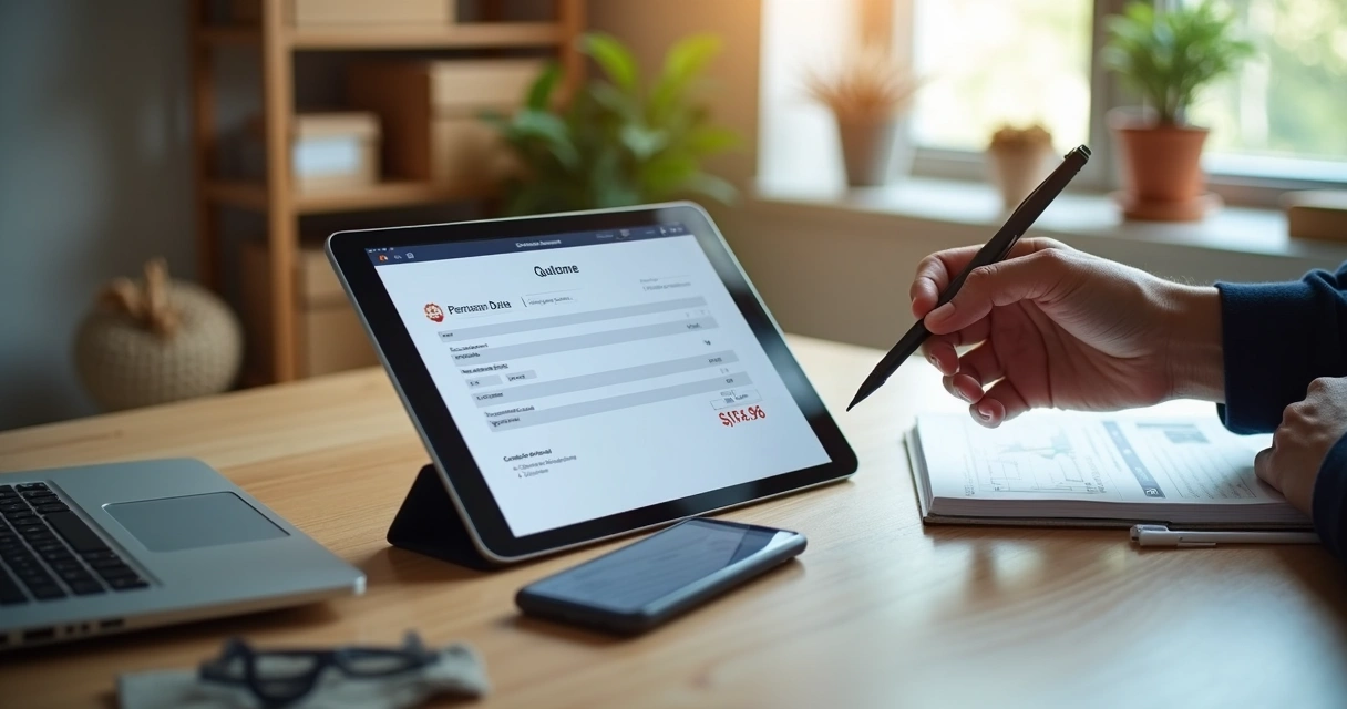 Empresário assinando orçamento digital em tablet com ícone de cadeado e certificação 