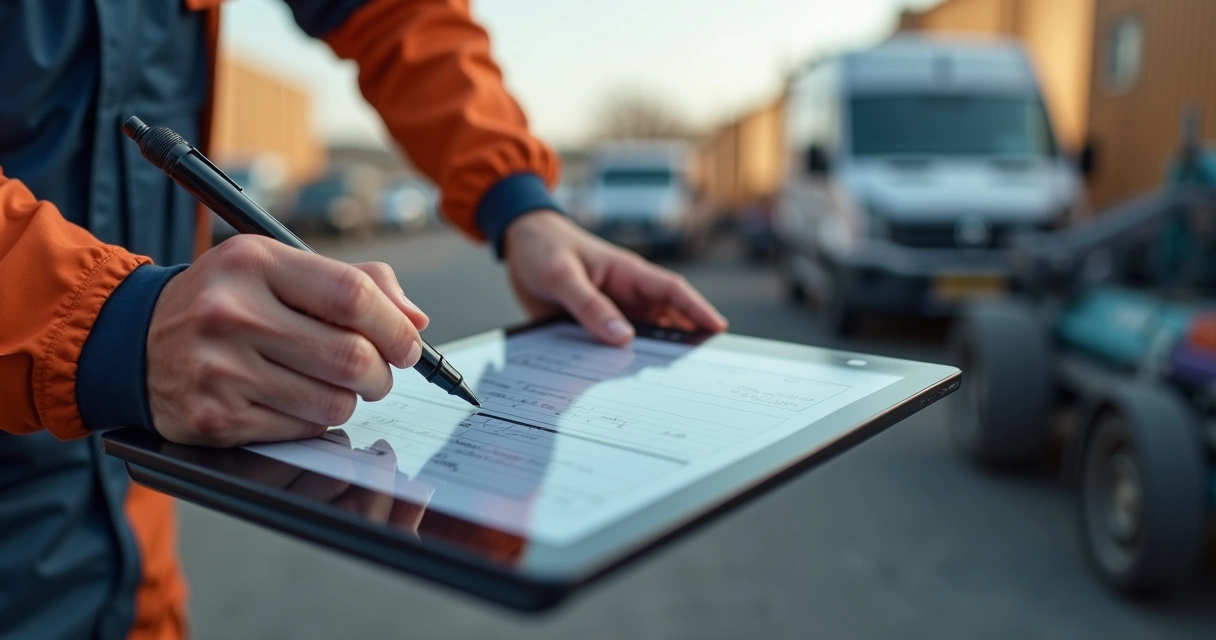 Técnico assinando ordem de serviço digital em tablet no campo 