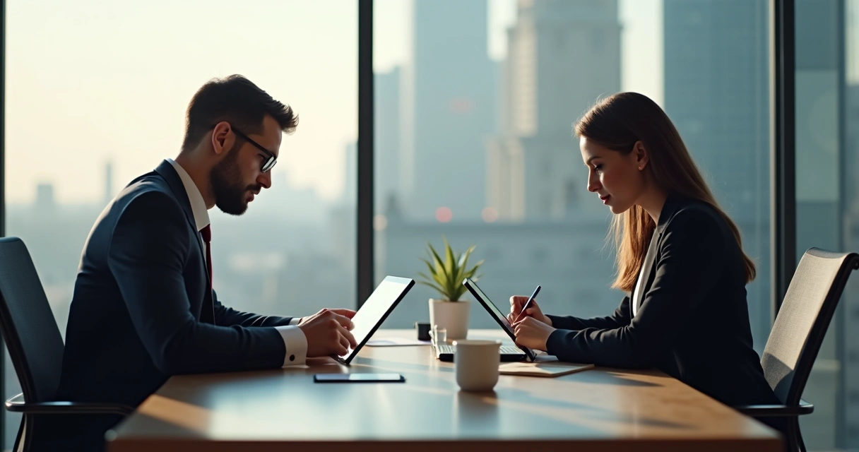 Duas pessoas segurando tablets enquanto digitalizam documentos juntos 