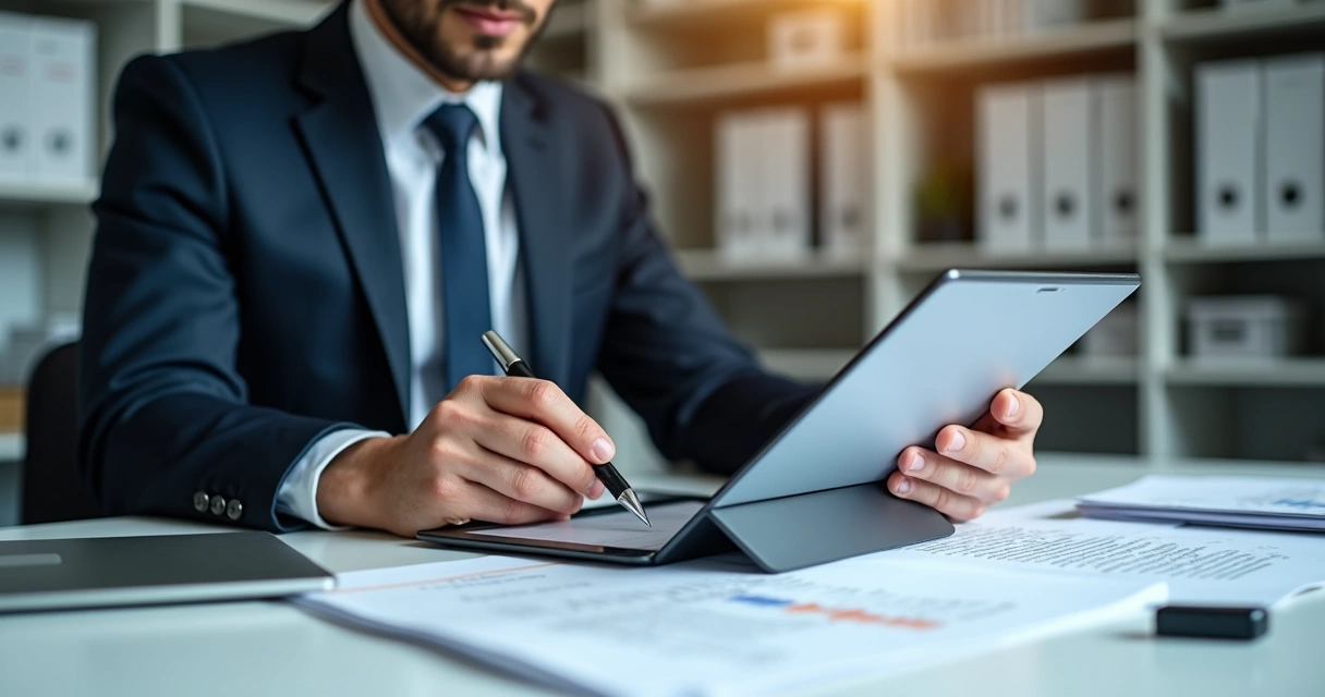 Pessoa assinando documento digital em escritório contábil 