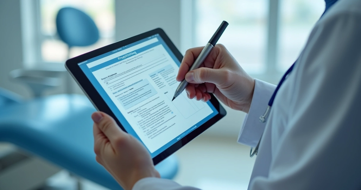 Dentista usando tablet para assinar digitalmente uma receita médica 