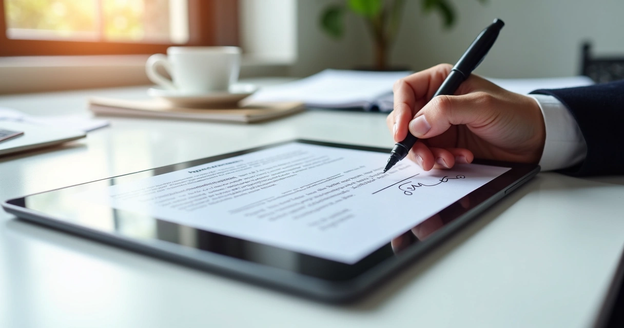 Pessoa segurando tablet com tela exibindo assinatura digital e campos de autorização por terceiros 