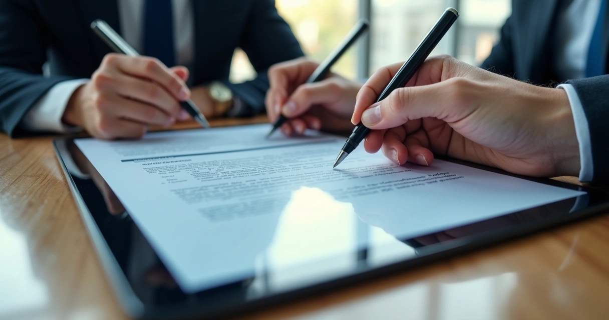 Duas pessoas assinando digitalmente um contrato em um tablet na mesa 