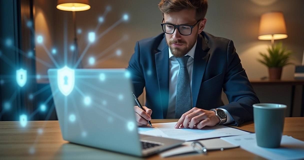 Pessoa assinando digitalmente um contrato eletrônico em notebook