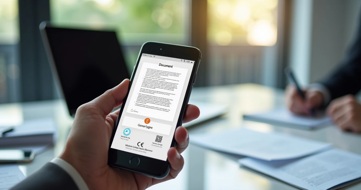 Mão segurando smartphone com tela do gov.br mostrando interface de assinatura digital, ambiente de escritório moderno ao fundo 