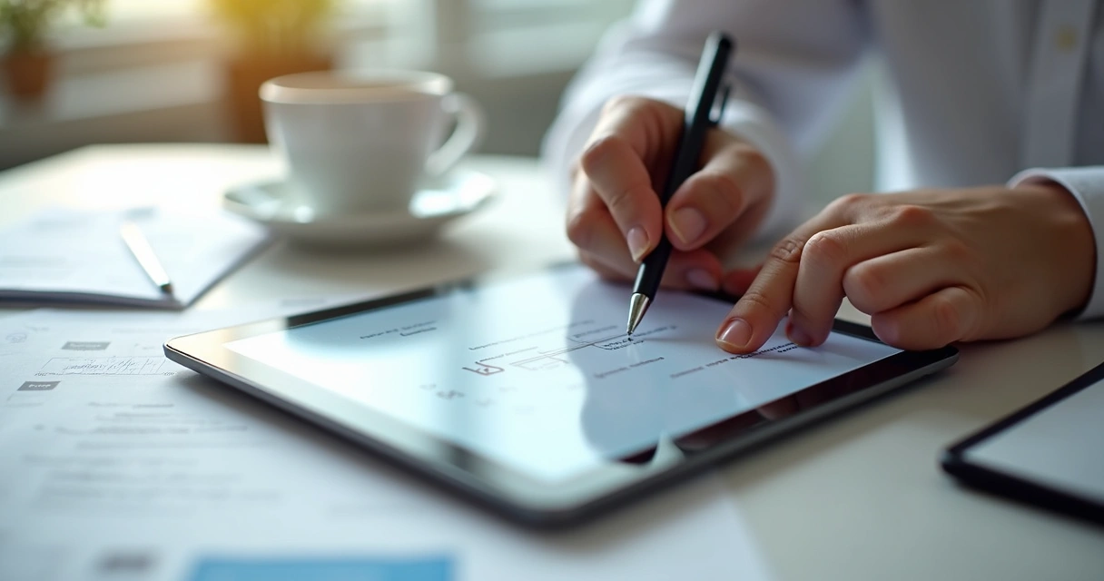 Pessoa assinando contrato digital em tablet com fundo claro 