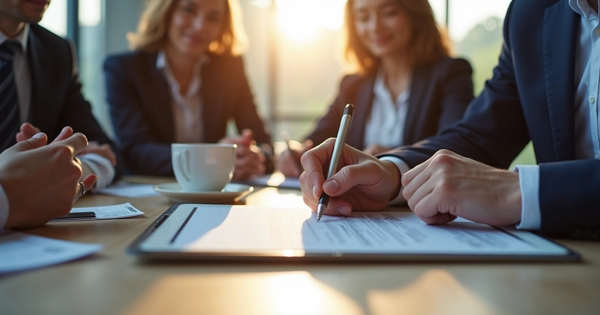 Empresário assinando documento digital em tablet com colegas ao redor 