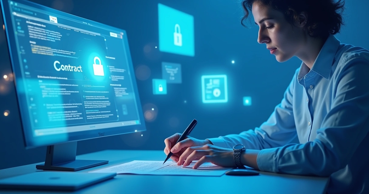 Usuário assinando um documento digital em um computador com elementos de segurança e tecnologia ao redor.