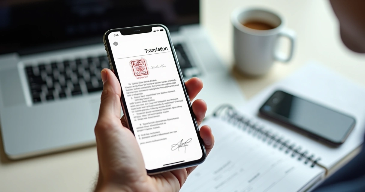 Mão segurando smartphone exibindo tradução digital com selo 