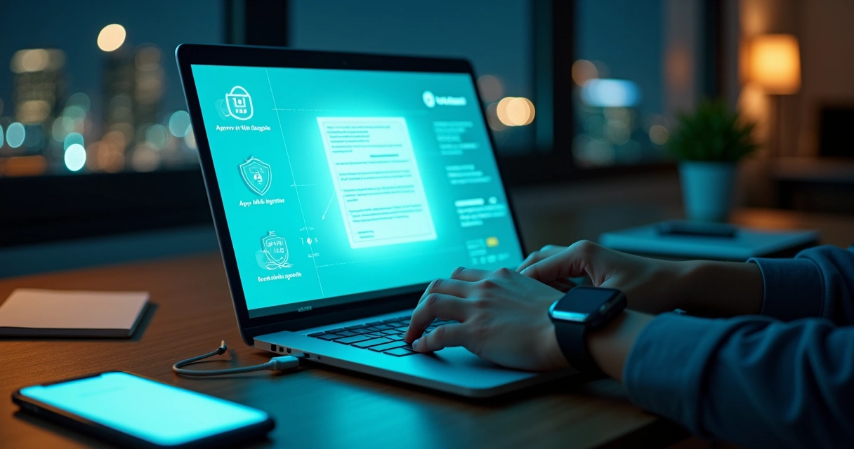 Pessoa aprovando transação online com assinatura digital no notebook 