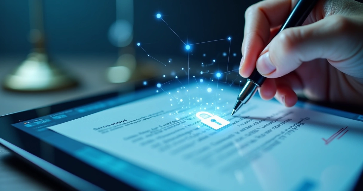 Assinatura digital em documento jurídico com cadeado representando segurança 