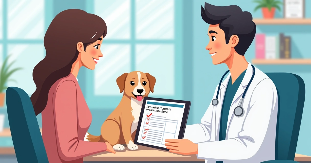 Veterinário apresentando tablet com consentimento anestésico digital a responsável pelo animal 