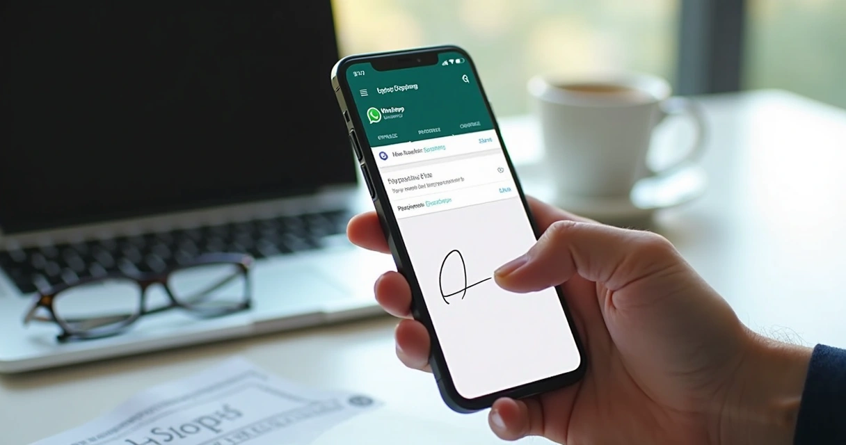 Pessoa assinando documento digital no celular via WhatsApp em ambiente de escritório moderno 