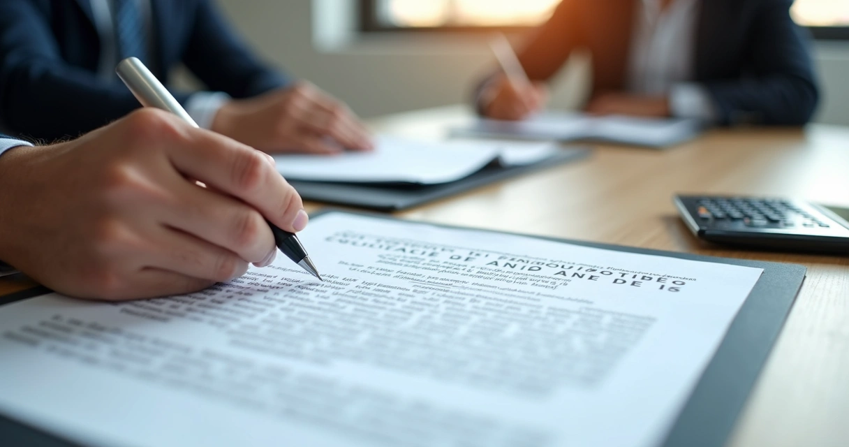Assinatura de distrato imobiliário com caneta e contrato em mesa de reunião 