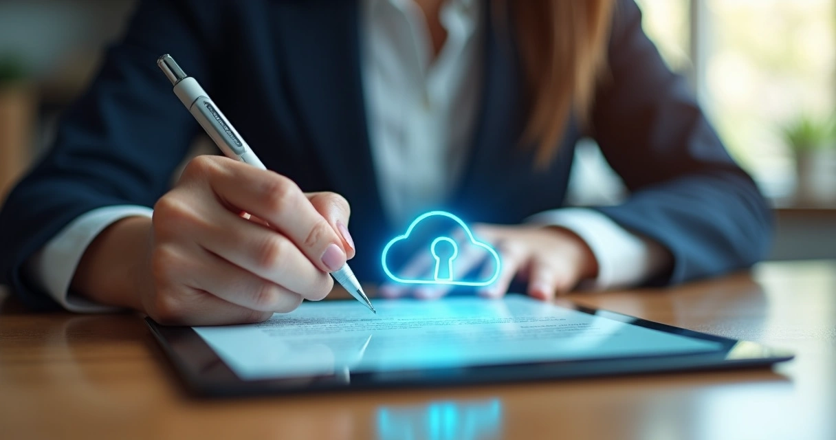 Pessoa assinando documento digital no tablet com ícone de nuvem 