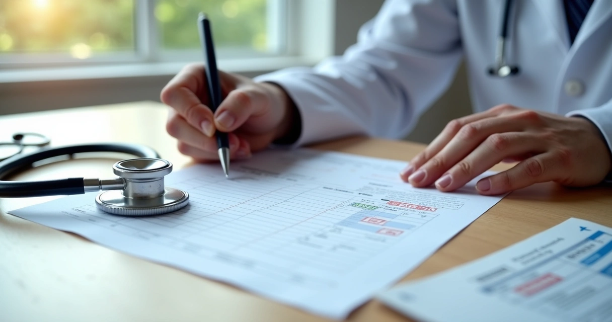 Médico assinando documento médico numa mesa de madeira clara