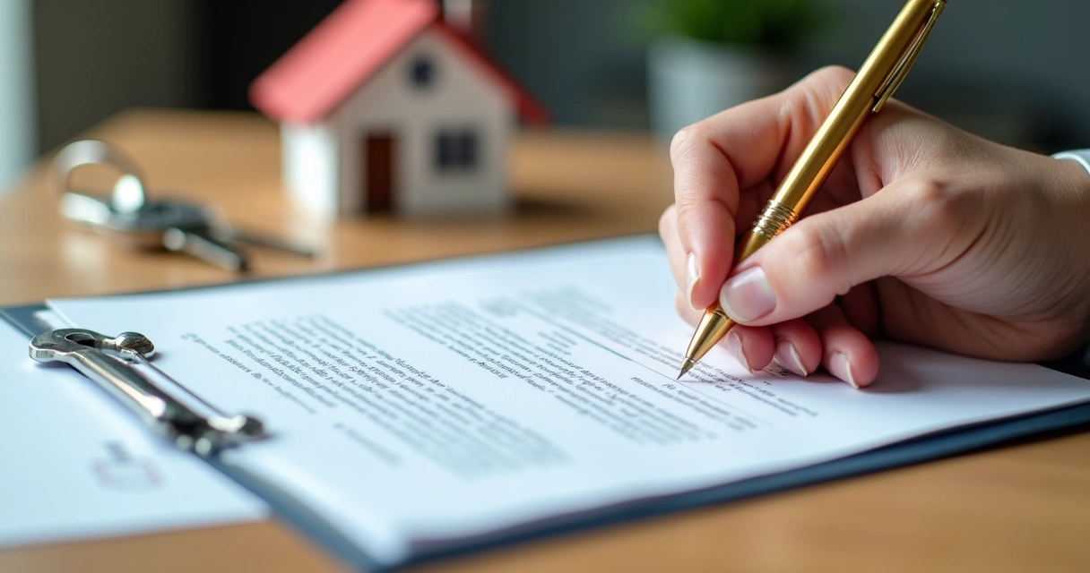Pessoa assinando documento de compra de imóvel com caneta dourada 