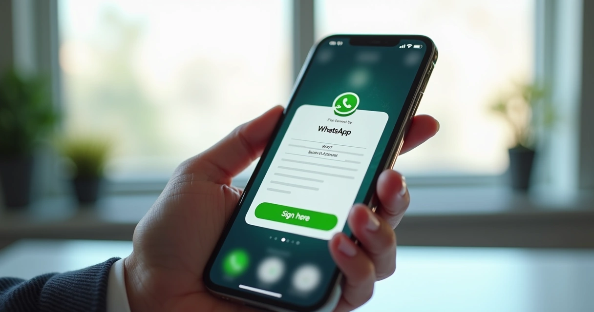 Mão segurando celular com tela do WhatsApp aberta mostrando documento digital para assinatura 